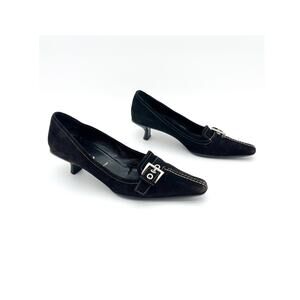 Prada Black Suede Buckle Detail Retro Pointed Toe Kitten Heel Pumps IT 37.5